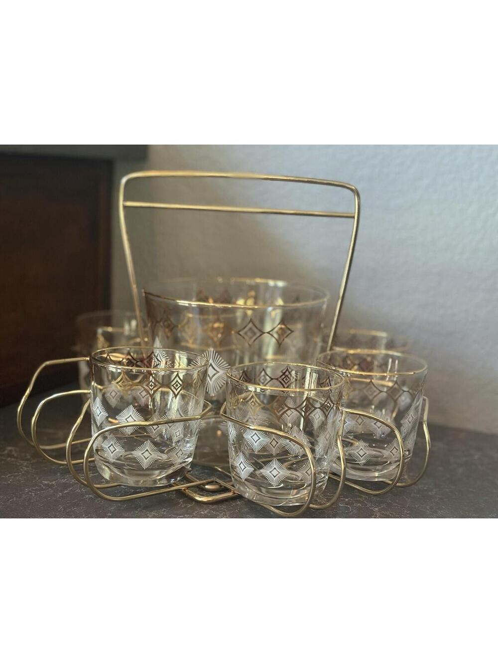 Jeannette Glass Atomic Cocktail Set MCM Barware With Gold Caddy